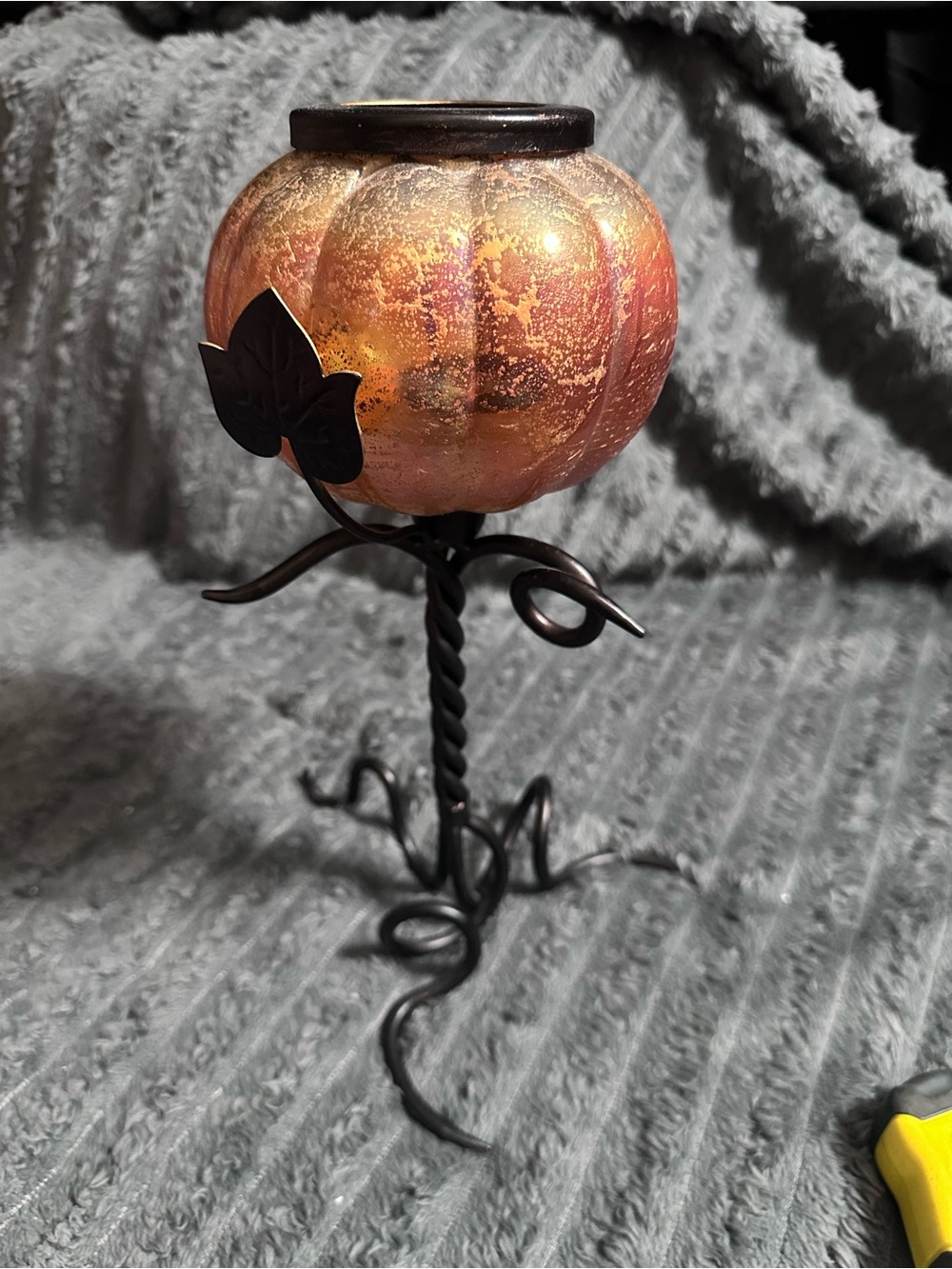 Amber Glass Pumpkin Candle Holder with Twisted Iron Stand